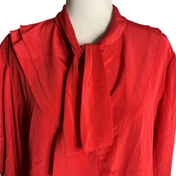 Vintage 80s Button Up Secretary Blouse L Red Long Sleeve Tie Bow Layered Collar - Picture 2 of 7